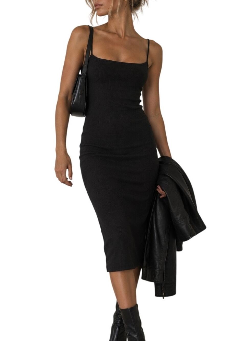 Abercrombie & Fitch Sleeveless Ribbed Side Slit Midi Dress Size S Tall Black LBD
